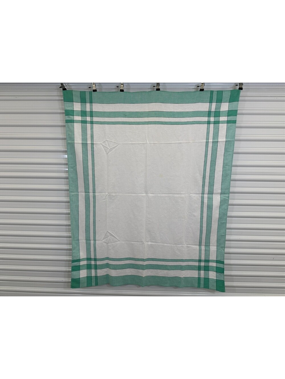 Vintage Mid Century Striped Green/Blue Print Card Table Tablecloth Top 41.5x50